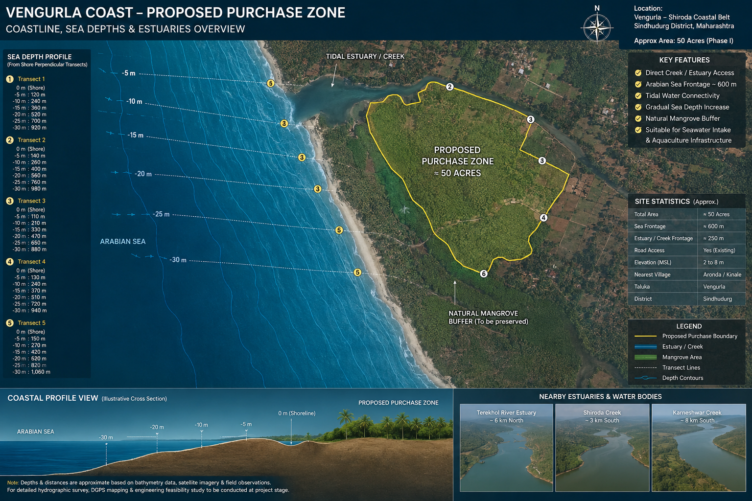 Concept coastal site map showing coastline, bathymetry, estuaries and purchase zone